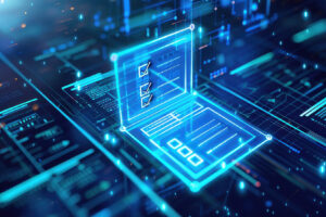 AI Software in 911 Dispatch Centers: An Innovative Solution A virtual blue screen displaying legal compliance and standard policies with checkboxes and a document list, emphasizing adherence to regulations