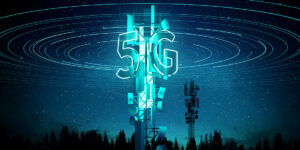 5G mobile signal Communication Mast (cell tower) Super fast data streaming concept. 3D illustration.