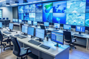 Disaster Stress Management in an Emergency Operations Center a large room with computers and monitors and computers on the wa