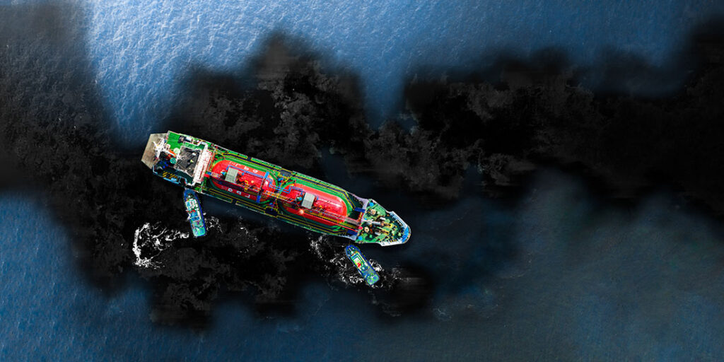 Oil leak from Ship , Oil spill pollution polluted water surface