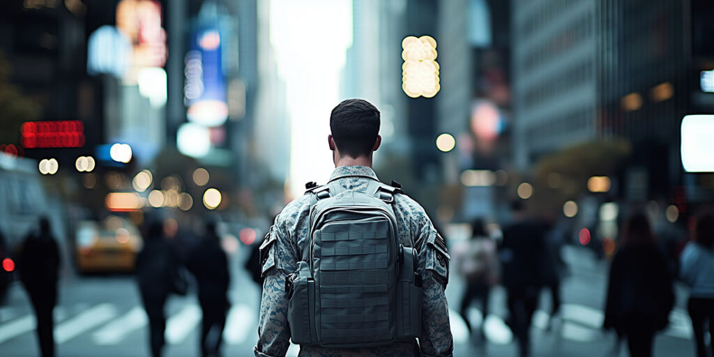 A veteran serviceman walking through a bustling city street, in