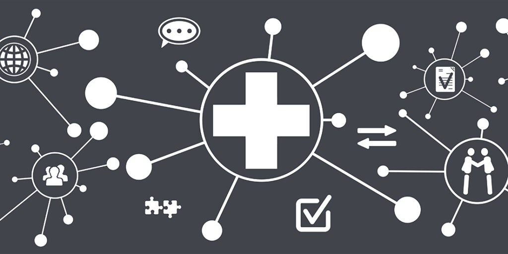 Illustration of interconnectedness radiating from a medical cross