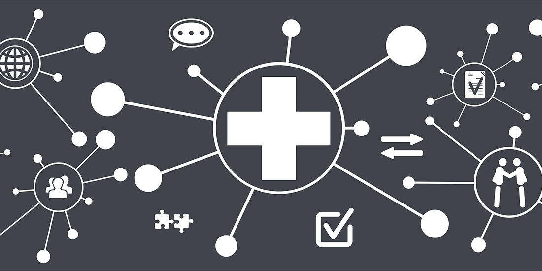 Illustration of interconnectedness radiating from a medical cross