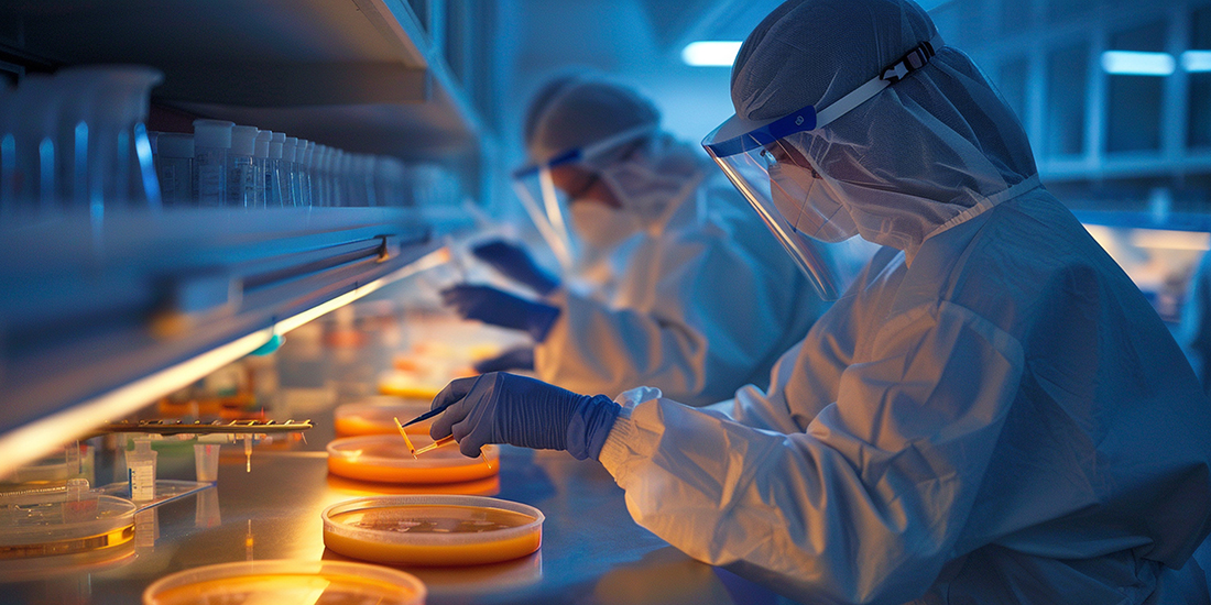 In the microbiology laboratory, workers in protective suits hand