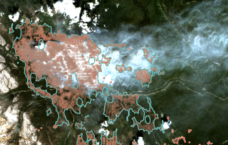 Satellite imagery from SENTINEL-2B from the 2025 forest fires with hotspots and perimeters in British Columbia, Canada