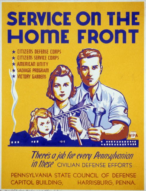 war poster with a young family, describing volunteer jobs available in support of the war