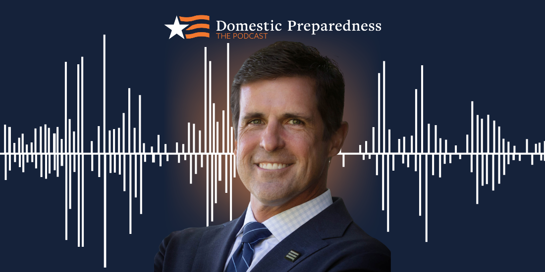 Domestic Preparedness: The Podcast logo above a headshot of Kelley Adley with a sound bar image in the background.