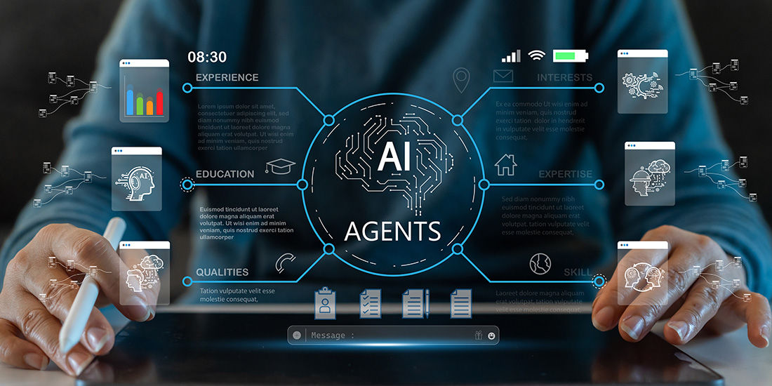 Blue lines connect the central AI graphic to surrounding icons representing experience, education, qualities, interests, expertise, and skills, along with analytics, automation, and workflow functions. In the foreground, a person interacts with a tablet, emphasizing the role of AI agents in managing information, tasks, and decision-making across connected systems.