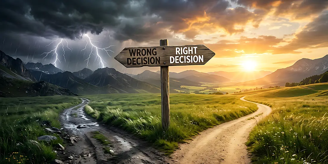A fork in the road with a sign "Wrong Decision" on the left with rough road, dark clouds, and lightning. A sign saying "Right Decision" on the right with a smooth road and bright sunny sky.