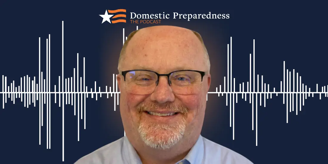 Domestic Preparedness: The Podcast logo above a headshot of Kevin Crouse with a sound bar image in the background.